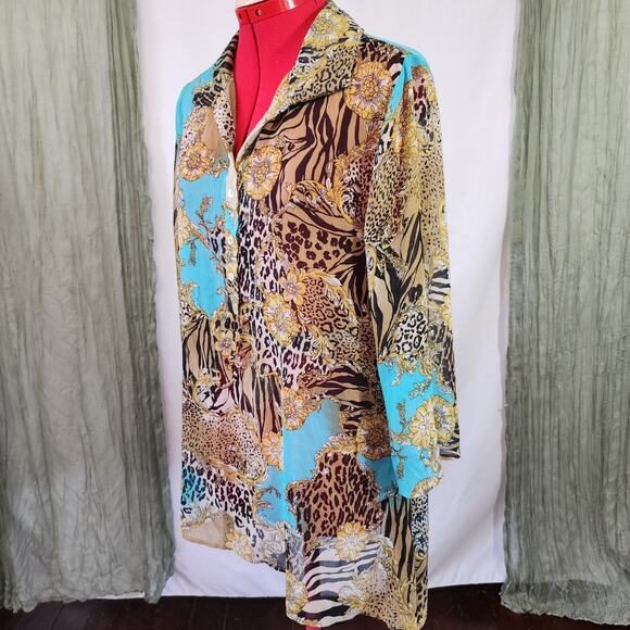 Zac & Rachel Gold Yellow Blue Teal Sheer Long Sleeve Button Up Blouse Size L - Picture 2 of 5